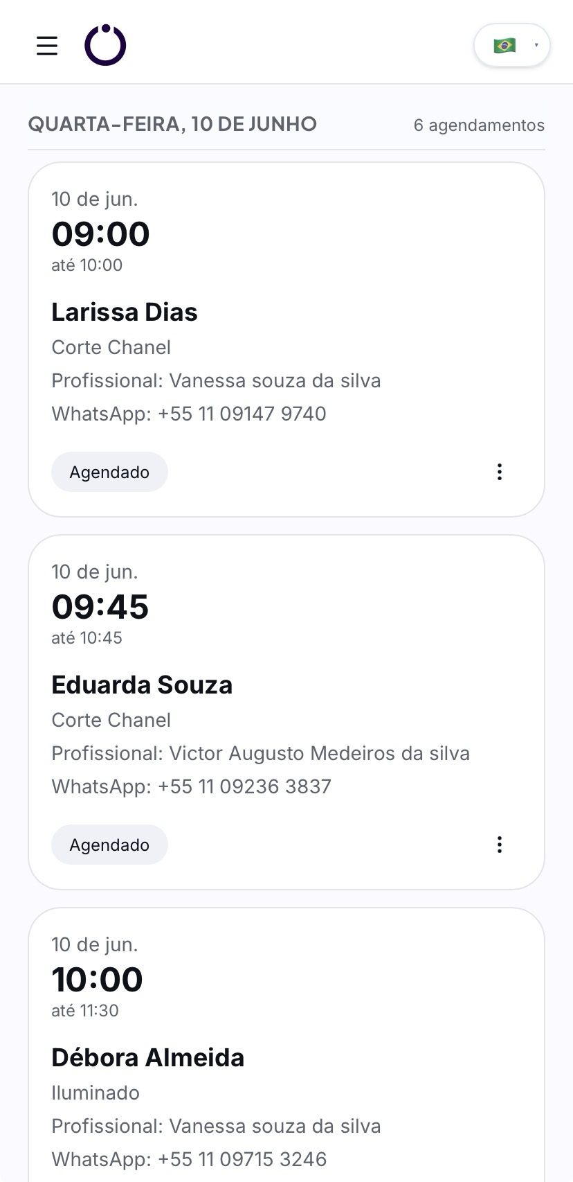 Sua agenda do dia